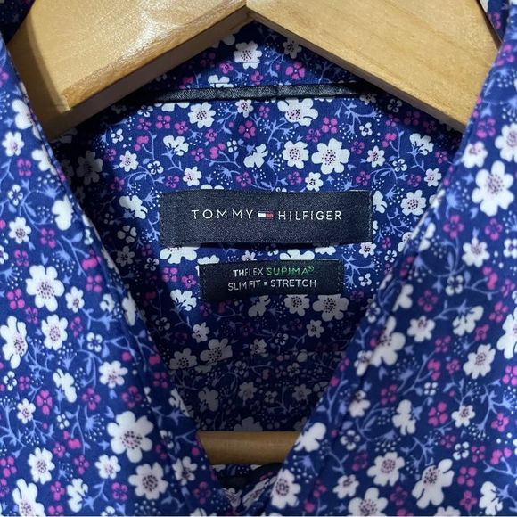 L Mini Floral Print Blue Purple White Button Down Shirt Tommy Hilfiger - Picture 8 of 8